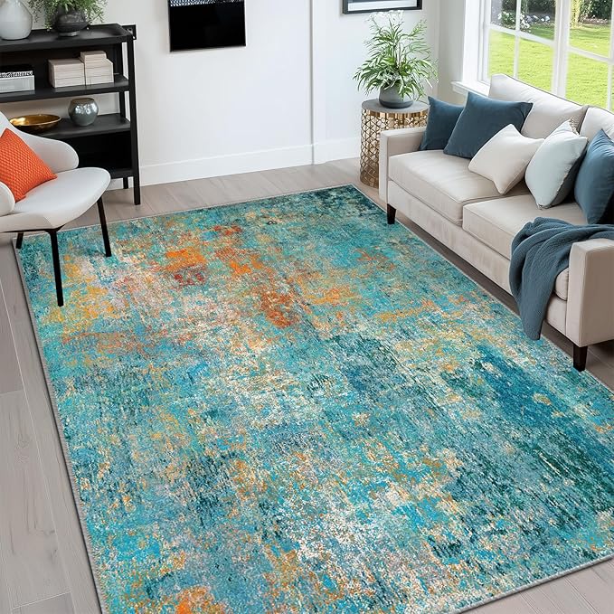 RELEANY Washable Area Rugs 6'x9' Non-Slip Modern Abstract Soft for Living Room Entryway Bedroom Nursery, Print Pattern, Teal Blue Green Orange Rust Red Coloreful