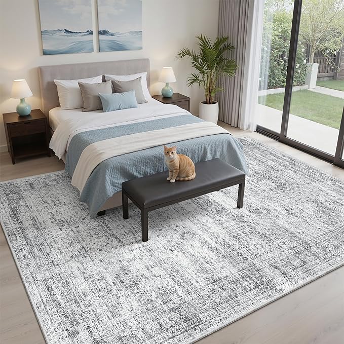 Soalmost 7x9 Area Rug for Living Room Washable Abstract Vintage Soft Thin Indoor Floor Non-Slip Carpet for Bedroom Dining Room Grey