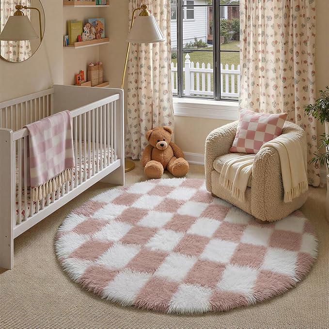 PureCozy Checkered 4x4 Round Rug for Playroom, Pink and White Modern Shag Rugs Super Soft Washable Fluffy Carpet Indoor Office Fuzzy for Bedroom Living Romm Home Dorm Aesthetic Decor