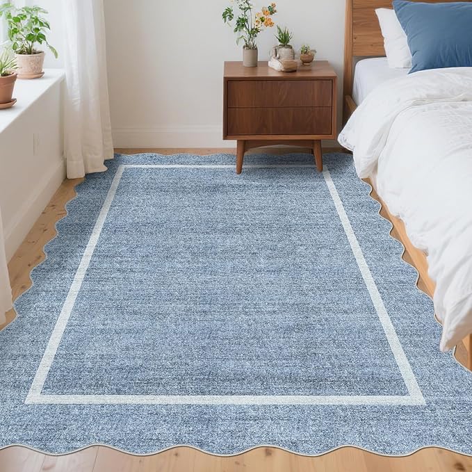 GarveeHome Scalloped Washable Rugs 5x7 Rug for Living Room Modern Non Slip Large Area Rug for Bedroom Decor Farmhouse Low Pile Stain Resistant Carpet for Office Dining Room Classroom 5 ft x7 ft Blue