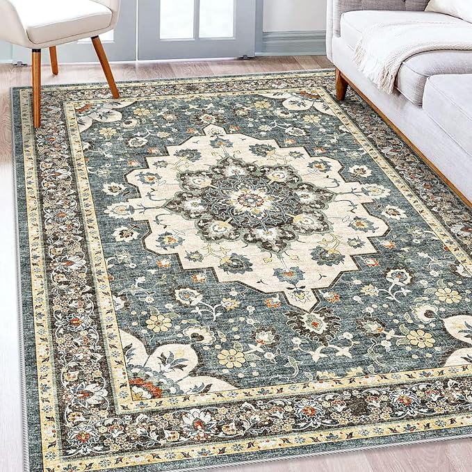 TOPRUUG Washable Oriental Area Rug - 5x8 Rugs for Living Room Soft Carpet for Bedroom Waterproof Floral Distressed Indoor Stain Resistant Non-Shedding Floor Carpets (Blue, 5x8)