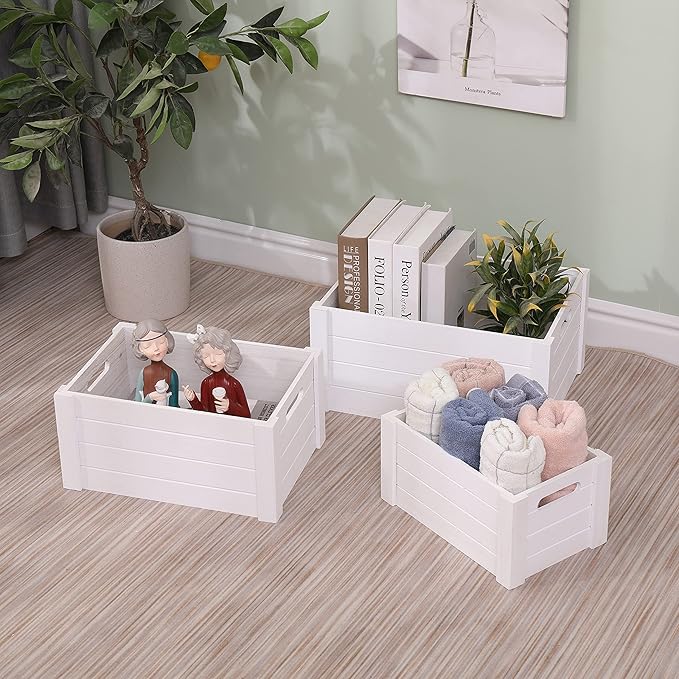 Farmhouse Modern White Wooden Crates For Storage,Rustic Decorative Boxes,Set Of 3 Extra Large Nesting Wooden Storage Crates For Home Decor,Handmade Natural Solid Wood Box (Morden White)