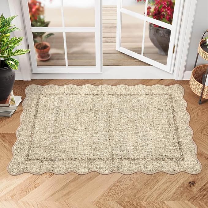 GarveeHome Scalloped Door Mat 2x3 Indoor Rugs for Entryway Washable Non-Slip Solid Small Rug Modern Soft Low-Pile Stain Resistant Carpet for Bedroom Kitchen Entrance Laundry, Jute Color