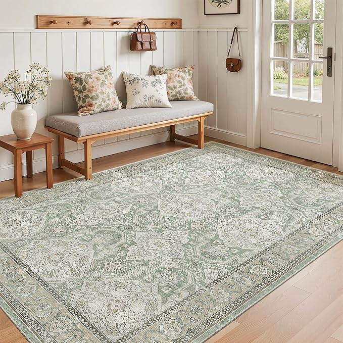 Soalmost 4x6 Area Rugs for Living Room, Vintage Washable Rugs for Dining Room, Bedroom, Home Office Decor, Non-Slip Green/Brown Carpet Thin Rug