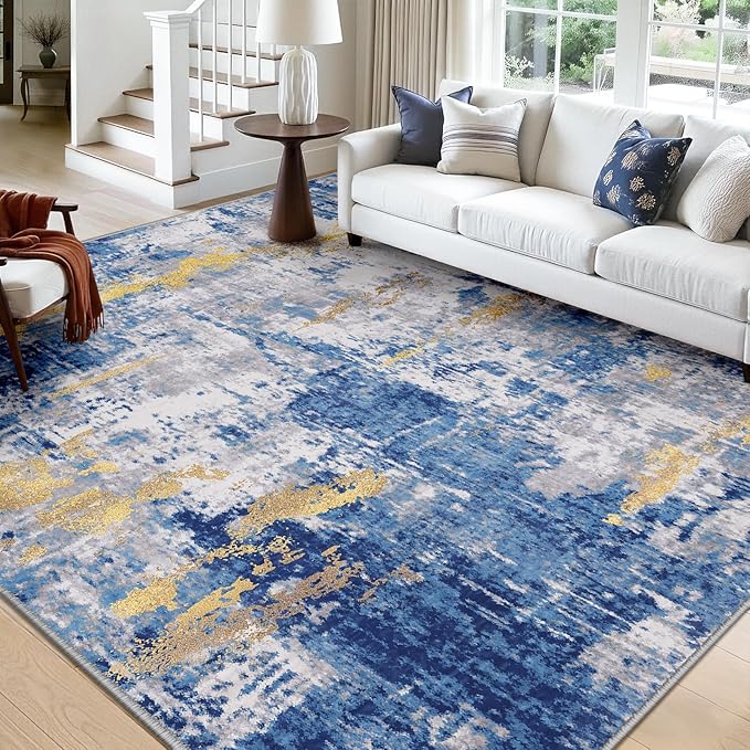RELEANY Washable Area Rugs Square 10ft Non-Slip Modern Abstract Soft for Living Room Entryway Bedroom Nursery, Print Pattern, Grey Blue Gold/Golden