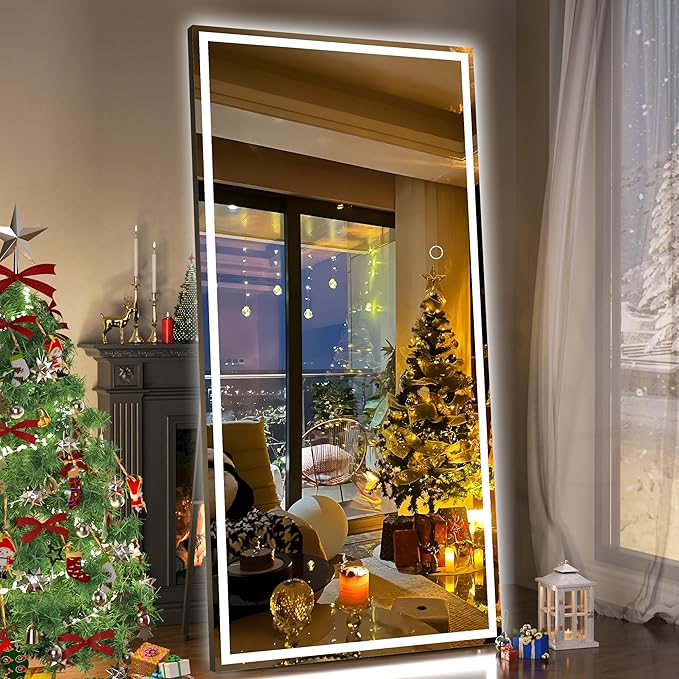 Hasipu Full Length Mirror with Lights, 79" x 36" LED Lighted Floor Standing, Full Body Dressing Hanging Mounted Mirror, Tempered Glass, Square Black