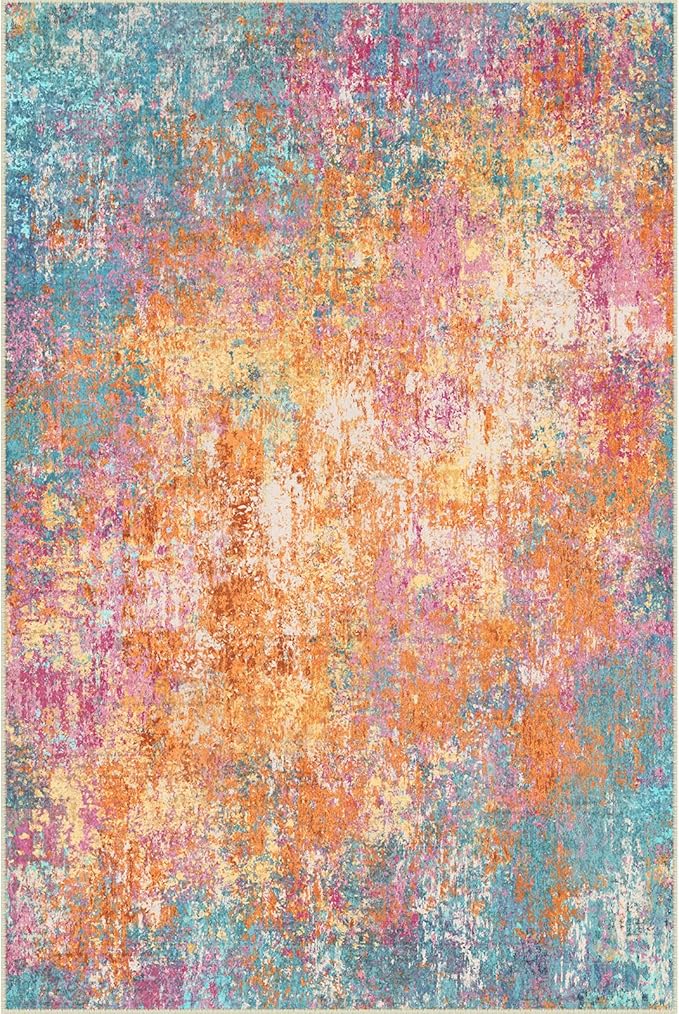 RELEANY Washable Area Rugs 5'x7' Non-Slip Modern Abstract Soft for Living Room Entryway Bedroom Nursery, Print Pattern, Orange Blue Pink Yellow Colorful
