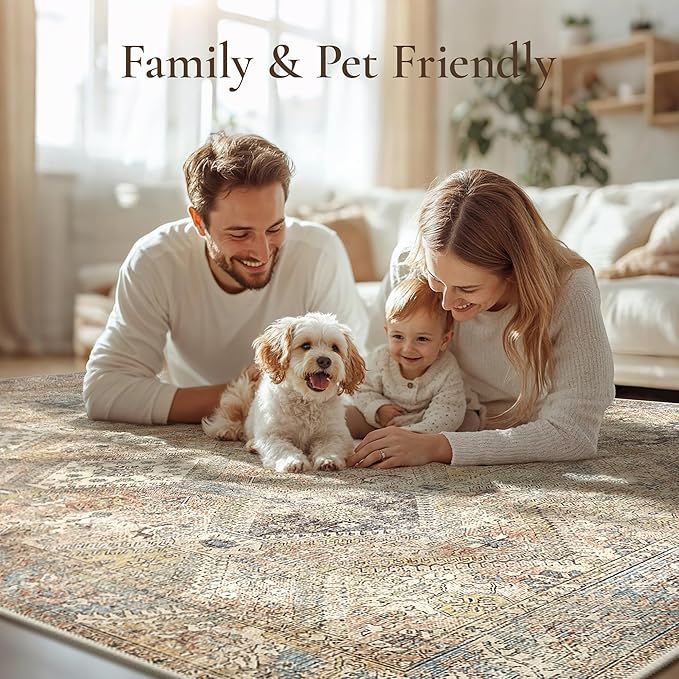 GENIMO 5x7 Area Rugs for Living Room, Machine Washable Non Slip Vintage Rugs, Low Pile Lightweight Print Rug for Bedroom, Dining Room, Home Office, Warm Brown