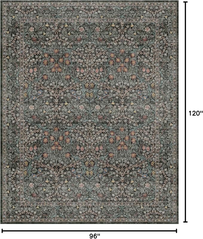 Vintage Dark Green Living Room Rug, 8x10 Washable Area Rugs for Dining Room Under Kitchen Table, Bedroom, Oriental Low Pile Stain Resistant Non-Slip Large Carpet (8x10 Dark Green)