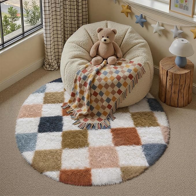 PureCozy Checkered Rug 4x4 for Living Room, Modern Rainbow Shag Rug Super Soft Washable Indoor Fuzzy Carpet Non-Slip Fluffy Rugs for Bedroom Home Aesthetic Decor