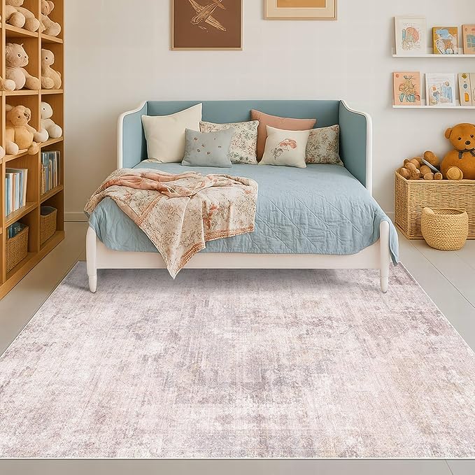 Hazo Haus Washale Modern Bedroom 4x6 Area Rugs - Pink and Grey Rug for Living Room, Kitchen, Non Slip & Soft, Medallion Distressed Print Pattern