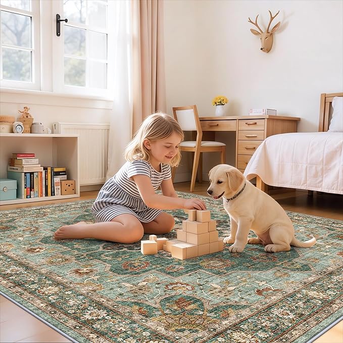TOPRUUG Green Living Room Rug - Washable 8x8 Area Rug for Dining Room Under Table Oriental Soft Low Pile Carpet for Bedroom - Vintage Design Retro Indoor Decor (Green, 8x8)