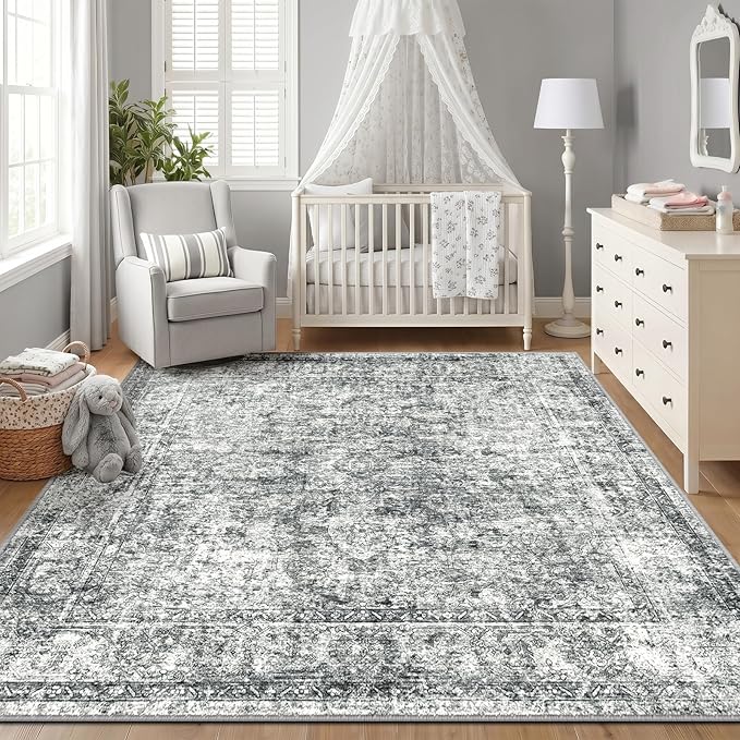 CAPALOCA Machine Washable Rugs Nursery Rug Sq6ft Cute Girl Non Slip Low Pile Water Repellent Soft Print Pattern for Bedroom Indoor Decor Kids Playroom Grey