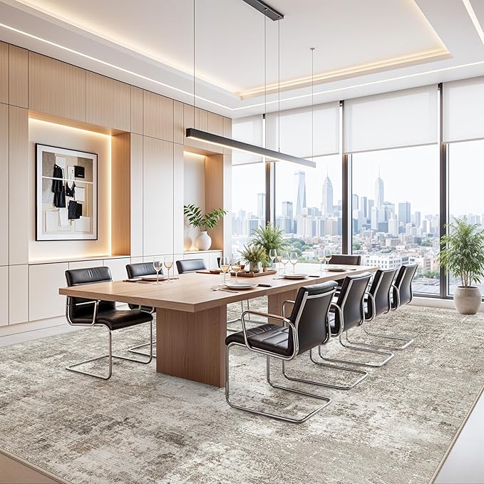 11x14 Washable Rug for Living Room Bedroom Dining Room – Large Neutral Soft Low-Pile Modern Abstract Area Rug – Non-Slip Stain-Resistant Indoor Carpet (Beige Grey)