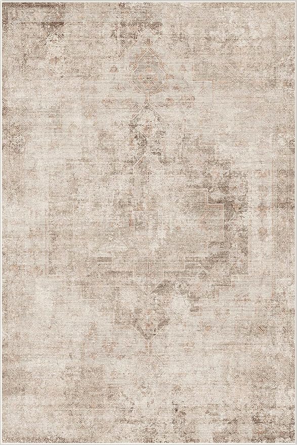 Hazo Haus Neutral Farmhouse Area Rug for Bedroom - 6x9 Washable Rug for Dining Room Table, Ultra-Thin Soft Textured Boho Indoor Decor, Fade & Stain Resistant