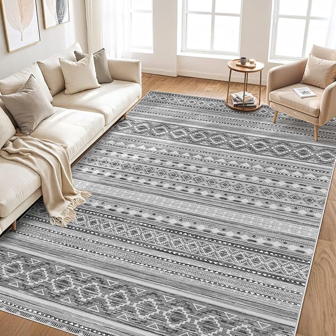 cotiled 10x12 Area Rug Living Room: Washable Boho Rugs with Non Slip Backing Large Soft Indoor Stain Resistant Carpet for Bedroom Farmhouse Dining Room Lightweight Home Decor Beige Grey