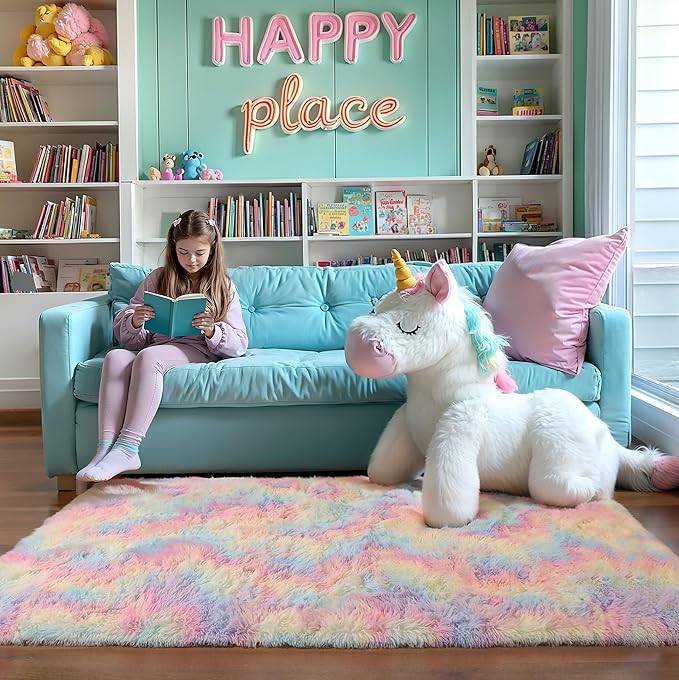 5x8 Rainbow Shaggy Unicorn Kids Rug for Girls Bedroom, Fluffy Fuzzy Soft Shag Princess Area Rugs for Living Room, Pastel Plush Washable Non-Slip Carpet for Nursery, Teens Boys Dorm Toddler Room