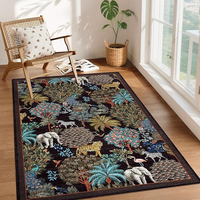 GarveeHome Jungle Animal Print Rug 4x6 Washable Area Rugs for Living Room, Forest Rug Non Slip Soft Low Pile Stain Resistance Throw Carpet for Bedroom Kids Playroom Nursery Black