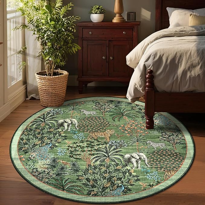 GarveeHome Jungle Round Washable Rugs 6ft Non-Slip Soft Round Rug for Kids Room, Animal Print Tiger Circle Carpet for Bedroom Entryway Playroom Nursery, Forest Green