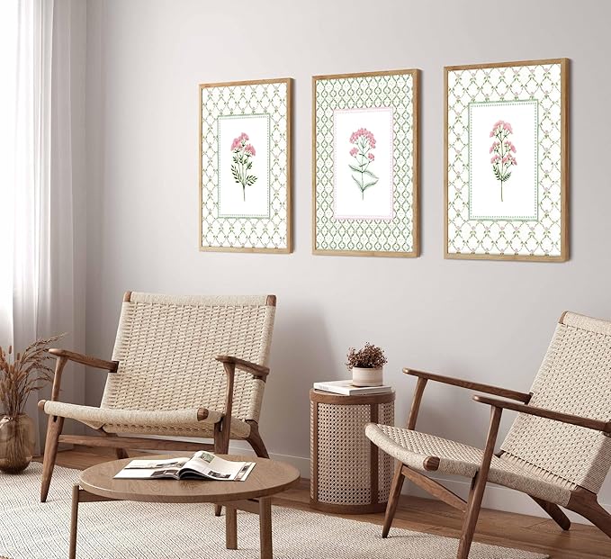 3PCS Green Plaid Pink Floral Wall Art Wildflower Baby Room Painting Picture Wall Decor Botanical Flower Boho Poster Print Artwork for Bedroom living room baby room children's room dining room Home Decoration