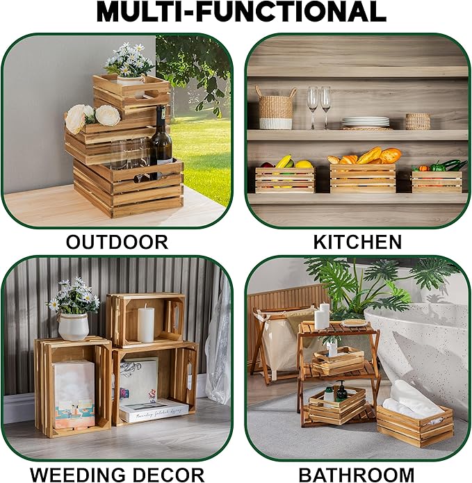 VICTORY RELAX Nesting Wood Storage Crates (Set of 3) - Light Natural Acacia Wood Stackable Wooden Boxes for Storage & Organization - Decorative Wooden Basket Set for Fruits, Shelving & Home Decor