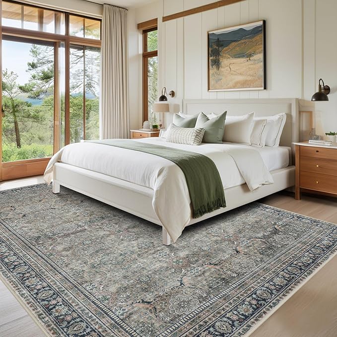 Srugn Washable Rugs 8x10 Area Rugs for Living Room,Rugs for Bedroom,Large Carpets,Ultra Soft Faux Wool Retro Dining Room Rug,Non Slip&Non-Shedding Low Pile Vintage Print Rug for Home Office,Green