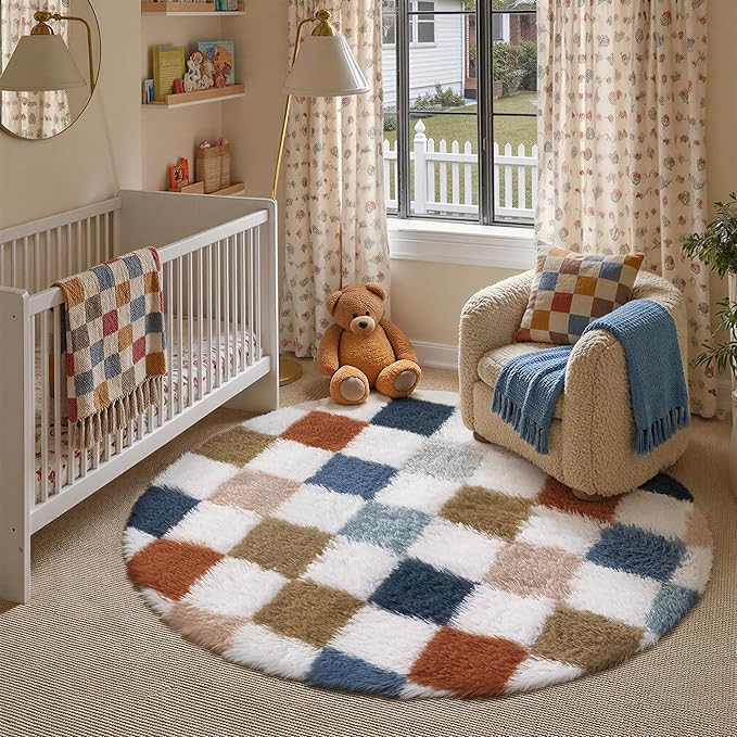 PureCozy Checkered Rug 4x4 for Living Room, Modern Rainbow Shag Rug Super Soft Washable Indoor Fuzzy Carpet Non-Slip Fluffy Rugs for Bedroom Home Aesthetic Decor