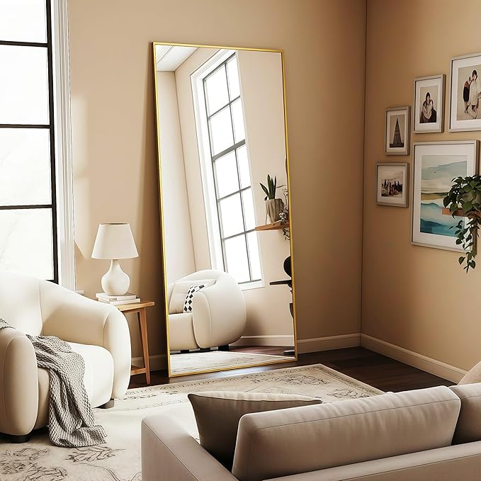 Full Length Mirror 71"x30"Rectangle with Stand Aluminum Alloy Frame Wall Mountable Tempered Glass Full Body Mirror, Standing Hanging or Leaning Against Wall for Bedroom and Living Room Gold