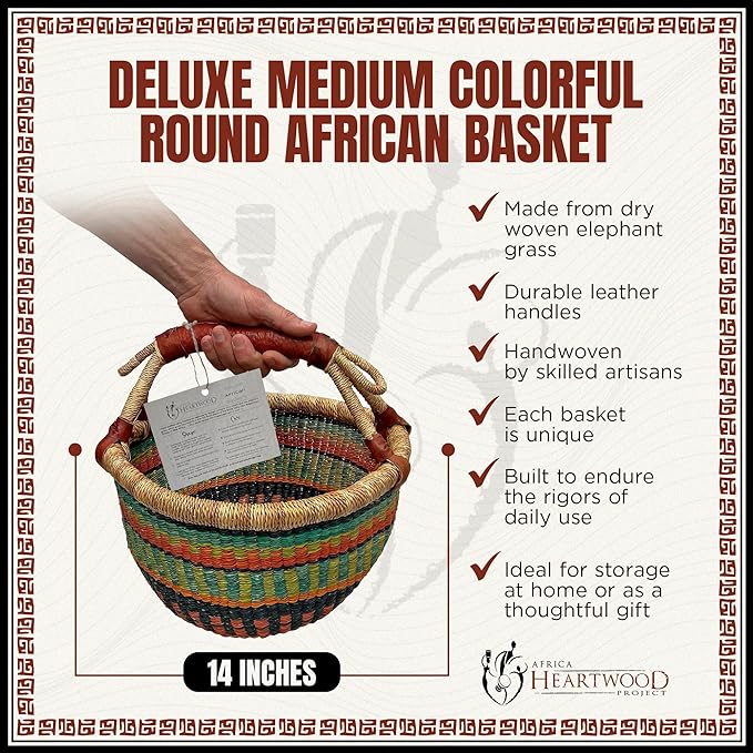 Africa Heartwood Project - Deluxe Colorful African Basket with Leather Handle - Handmade from dried Elephant Grass, Hand-Woven by Women in Bolgatanga, Ghana - Medium 14" Round Flat-packed