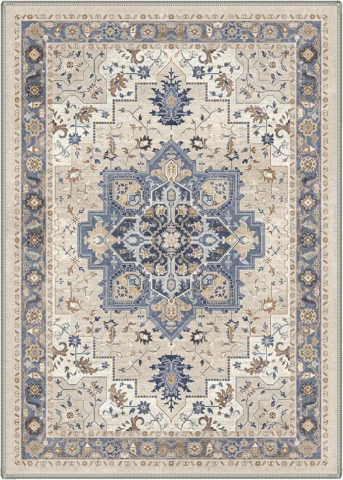 GENIMO 5x7 Area Rugs for Living Room, Machine Washable Rug, Non Slip Indoor Vintage Carpet, Low Pile Lightweight Chenille Print Carpet for Bedroom Dining Room Home Office, Blue Cream