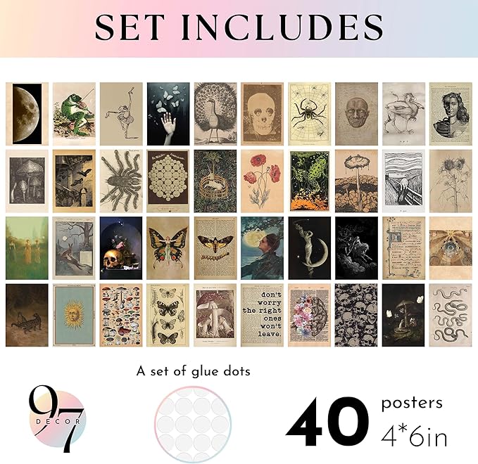 97 Decor Vintage Posters for Room Aesthetic - 40pcs Vintage Art Wall Collage Kit, Fairycore Room Decor, Witch Goblincore Pictures Cottagecore Posters for Teen College Dorm Bedroom Decoration (4"x6")