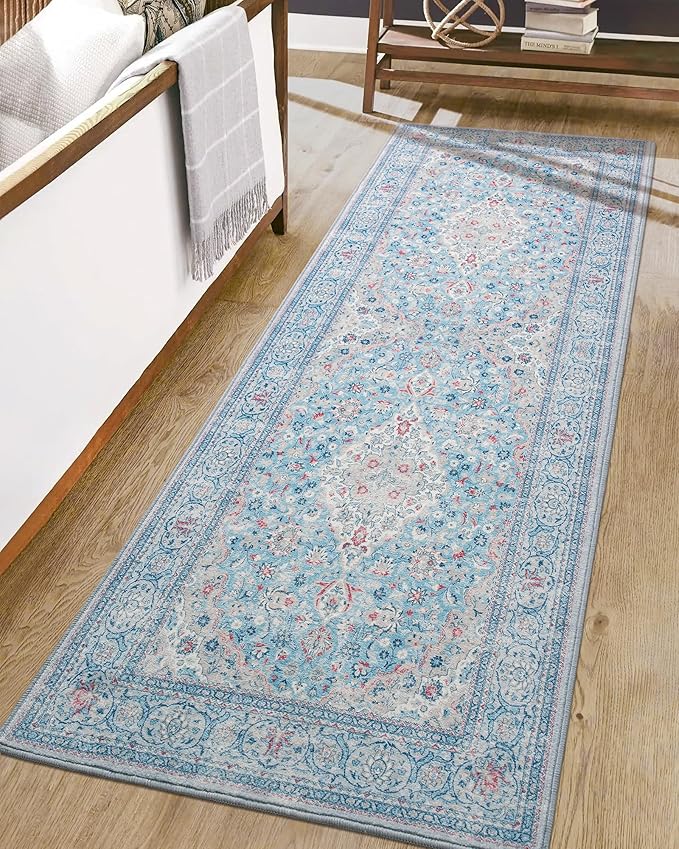Goideal Washable Runner Rug 2x6, Blue Rugs Non Slip, Indoor Low Pile Carpet with Rubber Backing for Hallway Kitchen Bathroom Entryway Bedroom