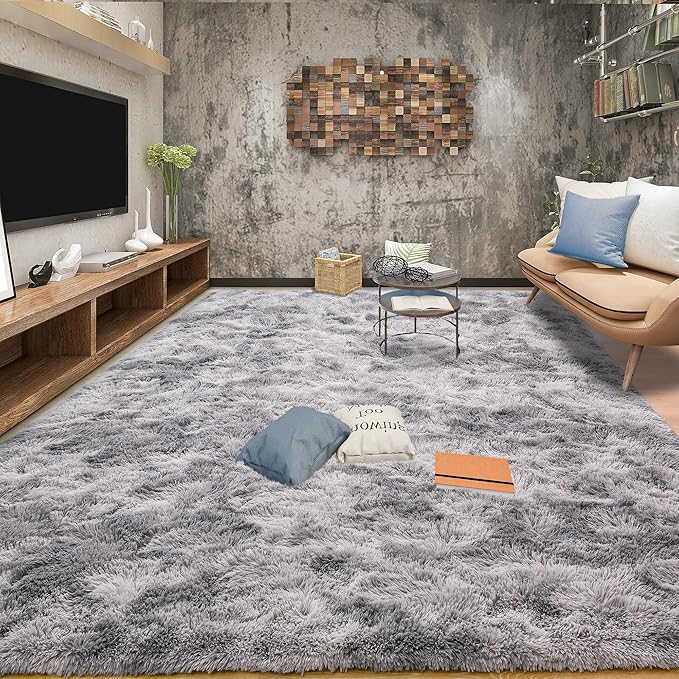 Tepook Fluffy Large Rugs for Living Room, 8x10 Area Rugs for Bedroom, Modern Shag Fuzzy Carpets for Kids Boys Girls, Plush Indoor Nursery Home Decor Rug with Non-Slip Bottom, Tie-dye Light Grey