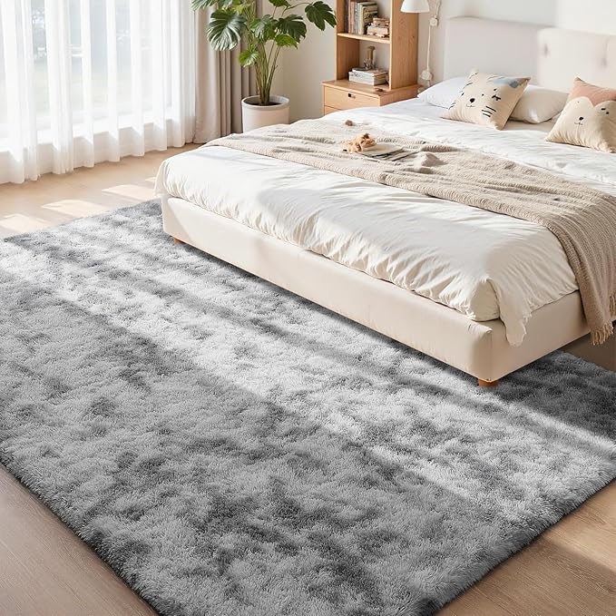 Modern Fluffy Shaggy Rug 5x7 Feet, Tie-Dyed Soft Plush Non-Slip Area Carpet for Bedroom Living Room Dorm Nursery, Light Grey Accent Floor Rug