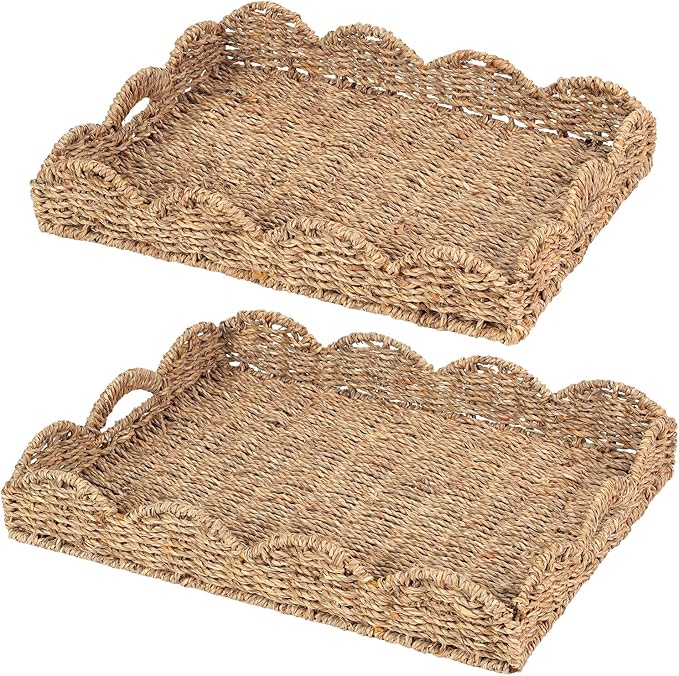 Scalloped Seagrass Tray, Hand-Woven Wicker Storage Baskets with Scalloped Edge and Handles (17x13x3 inch) Rectangular Handwoven Trays, Seagrass Basket for with Built-in Handles, 2 Pack (Dark Brown)