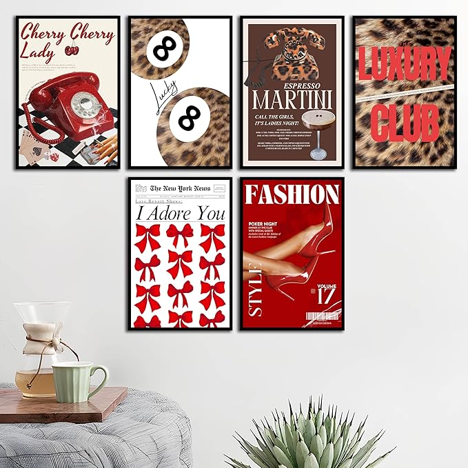 ZxXzkwpP Pink Cheetah Print Room Decor Poster, Trendy Red Fashion Leopard Print Wall Art Aesthetic Lucky 8 Ball Poster Coquette Preppy Y2k Red Funky Art For Bedroom (16x24x6 Unframed)