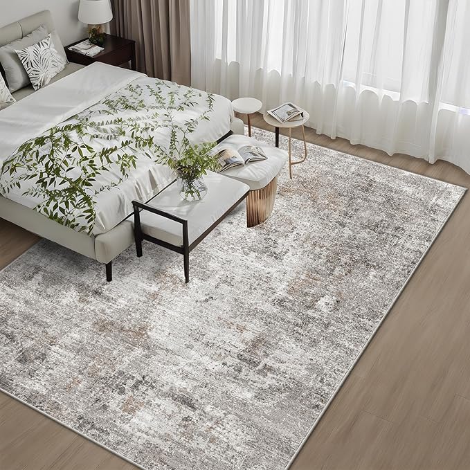 8x10 Washable Living Room Rug – Modern Neutral Abstract Soft Large Area Rug for Bedroom Dining Room Home Office Kitchen - Non-Slip Low Pile Thin Stain-Resistant Carpet (Beige,Grey)