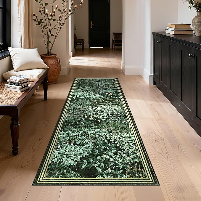 GarveeHome Forest Runner Rug, Green Washable Runner Rug 2x6 for Kitchen, Botanical Low Pile Non Slip Stain Resistance Woodland Hallway Rug for Entryway Bedroom Laundry Room