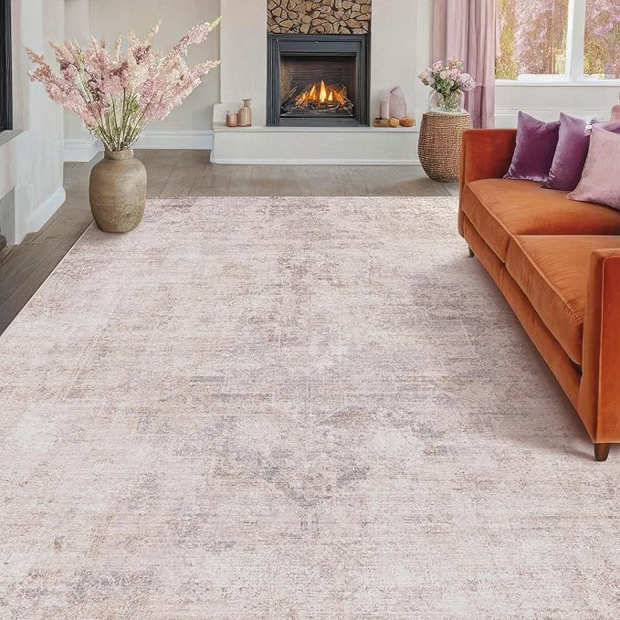 Hazo Haus Modern Pink and Grey Rugs for Bedroom Girls - Abstract 6x9 Area Rug for Living Room, Dining Room Under Table, Thin & Soft Washable, Print Distressed Medallion Pattern