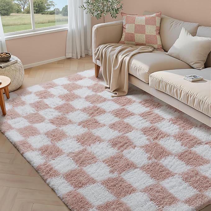PureCozy Checkered Rug 5x7 for Living Room, Pink and White Modern Shag Rugs Super Soft Washable Indoor Office Fuzzy Carpet Non-Slip Fluffy Rugs for Bedroom Home Aesthetic Decor