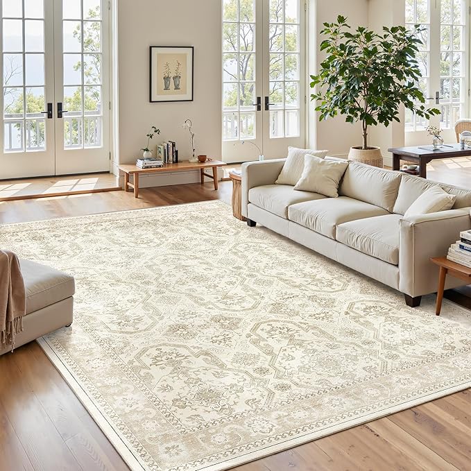 Soalmost Area Rugs 5x7, Washable Rug, Stain Resistant 5x7 Area Rugs for Living Room Bedroom Dining Room, Vintage Gray Farmhouse Rug Beige