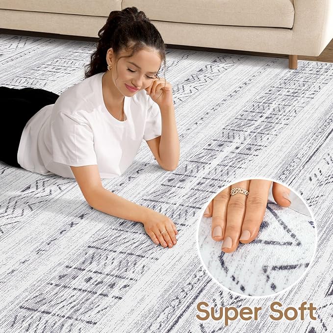 cotiled 10x14 Area Rug Living Room: Washable Boho Rugs with Non Slip Backing Large Soft Indoor Stain Resistant Carpet for Bedroom Farmhouse Dining Room Lightweight Home Decor Dark Grey