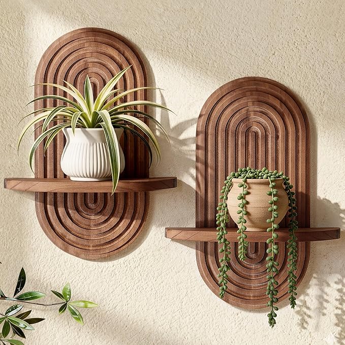 Heiple Set of 2 Boho Arched Floating Shelves 15.7”x 7.8”3D Wooden Hanging Shelf for Living Room Bedroom Nursery Mid Century Modern Wall Decor(Dark Brown, 11.7 * 15.7)