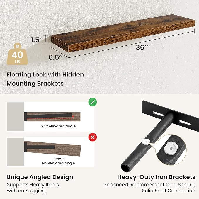 Fun Memories Floating Shelves for Wall, Rustic Wood Wall Mounted Shelves for Bathroom, Bedroom, Living Room and Kitchen, Storage & Home Decor (Set of 2, Brown, 36 in)
