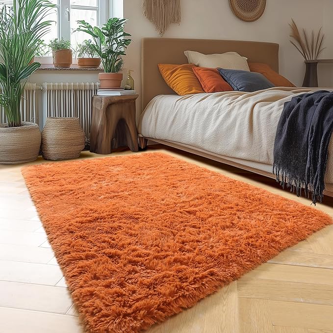 Amdrebio Burnt Orange Area Rugs for Bedroom Kids Room, Fluffy Fuzzy Shaggy Furry Small Rug 3x5 for Living Room Decor Aesthetic, Cute Plush Shag Dark Orange Carpet for Dorm Nursery Classroom Playroom