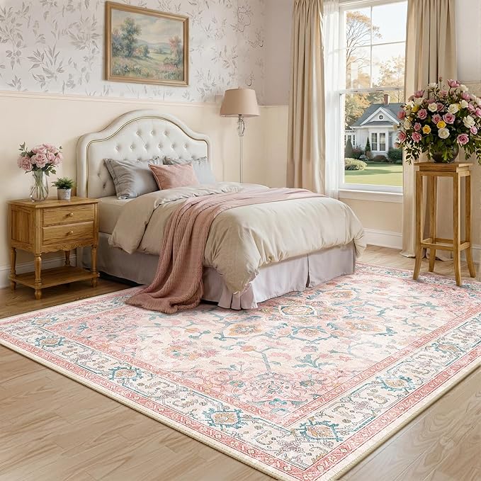 CAPALOCA Machine Washable Rugs Nursery Rug 5x7 Cute Girl Non Slip Low Pile Water Repellent Soft Print Pattern for Bedroom Indoor Decor Kids Playroom Pink Teal