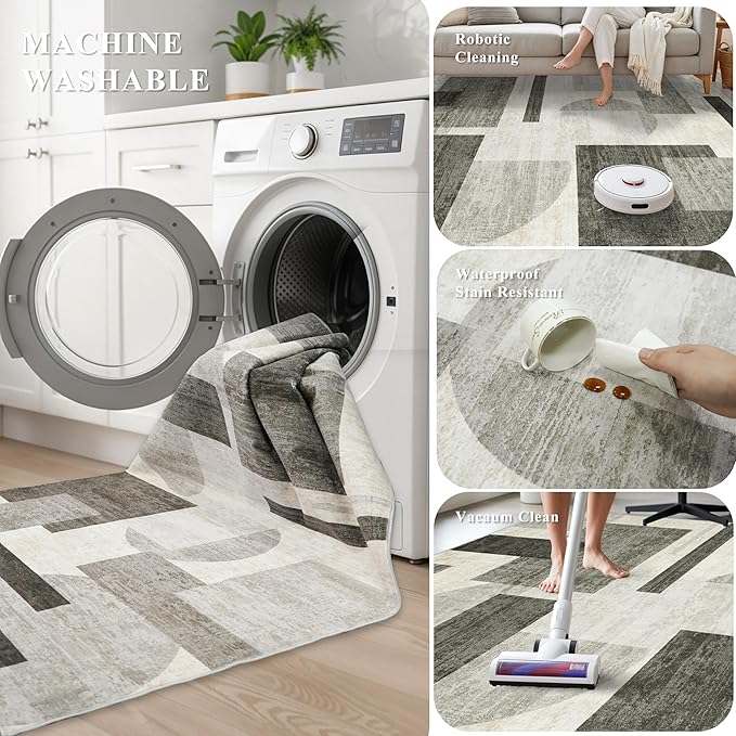 Modern Rug for Living Room 8x10: Geometric Soft Low Pile Carpet for Bedroom Washable Dining Room Rugs for Under Table Non-Slip Stain Resistance Area Rug for Pet Owner (Beige/Olive Green/Gray, 8x10)