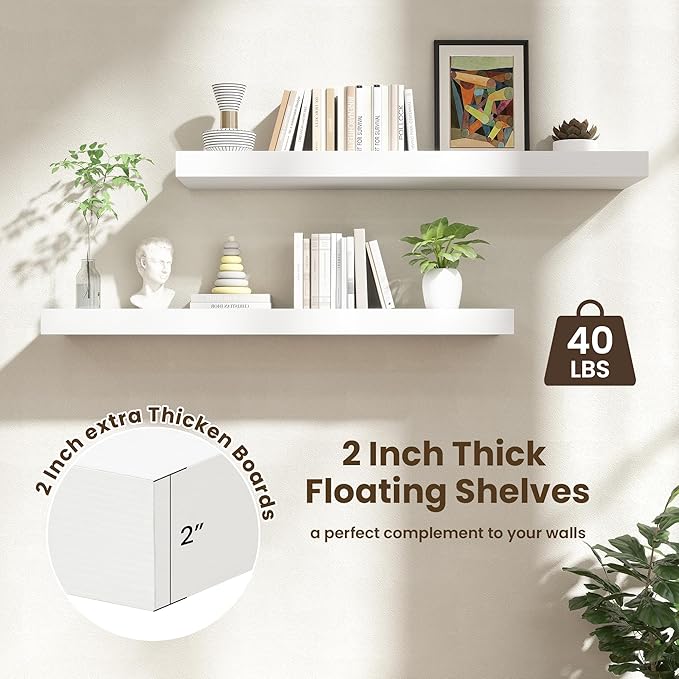 FLYJOE 48 Inch Floating Shelves | 12 Inch Deep White Floating Shelves Set of 2 | 48" W x 12" D White Wood Wall Shelves for Bathroom Living Room Kitchen Laundry Room