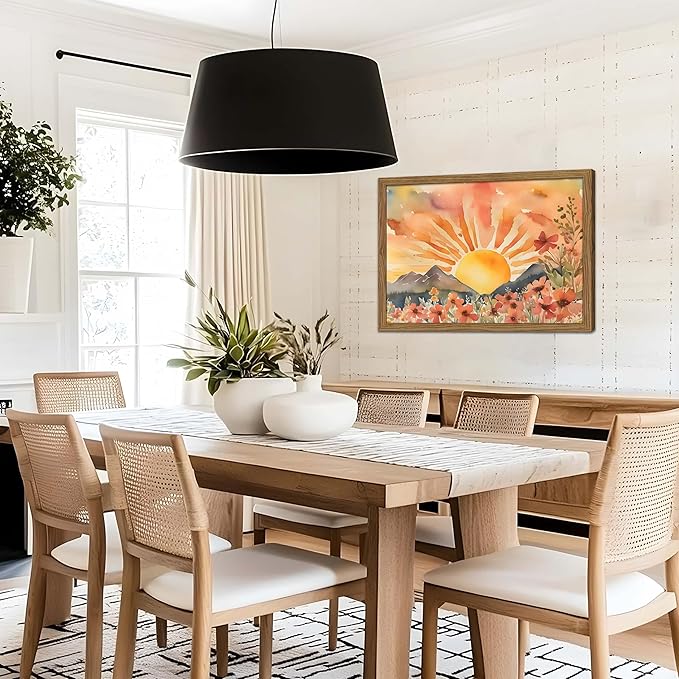 Framed Sunset Boho Wall Art for Living Room - Modern Abstract Floral Canvas Picture Boho Wall Decor, Sun Landscape Aesthetic Painting Poster Prints for Bedroom Home Office 16x24 inch