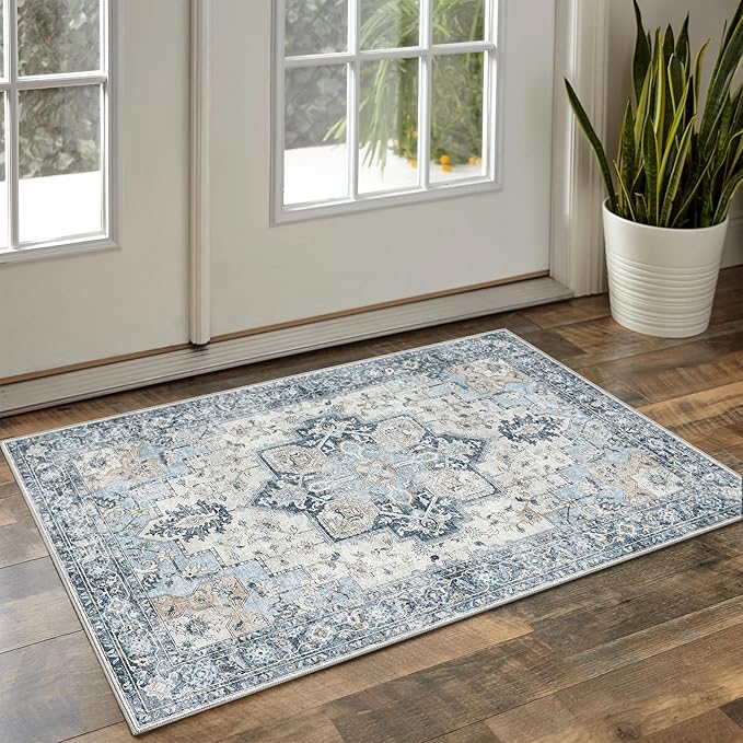 GENIMO 29"x17" Area Rugs for Living Room, Machine Washable Non Slip Vintage Rugs, Low Pile Soft Chenille Print Rug for Bedroom, Dining Room, Home Office, Blue